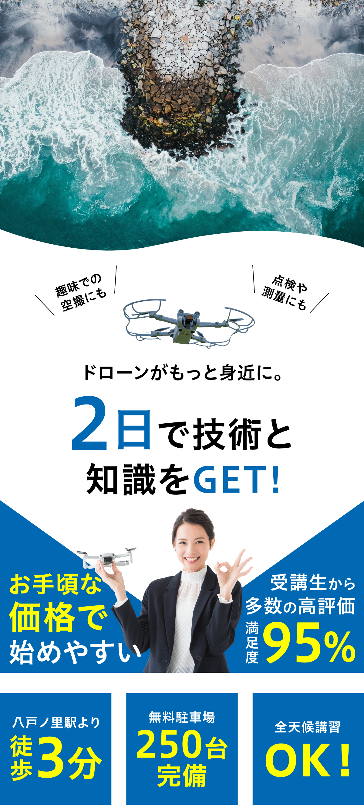 ドローンがもっと身近に。2日で技術と知識をGET！大阪最安値ドローンスクール、受講生から多数の高評価満足度95%、駅近、無料駐車場完備、全天候講習OK